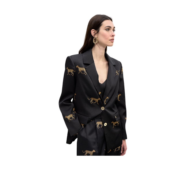 Straight Blazer with Leopard Print - Black-Brown