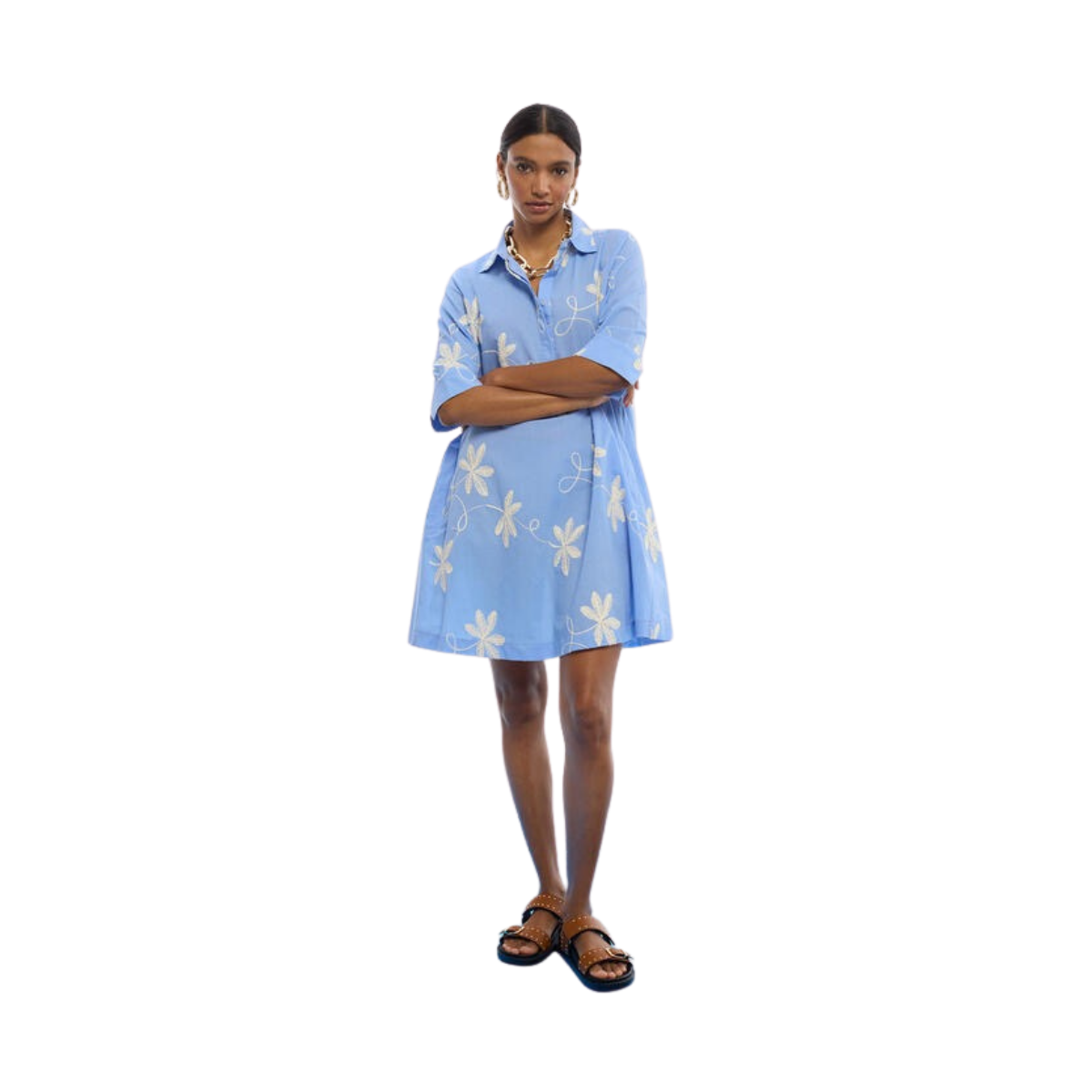 Shirt Dress with Embroidered Flowers - Blue-Ecru