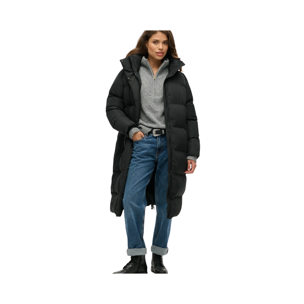 Longline Hooded Puffer Jacket - Black