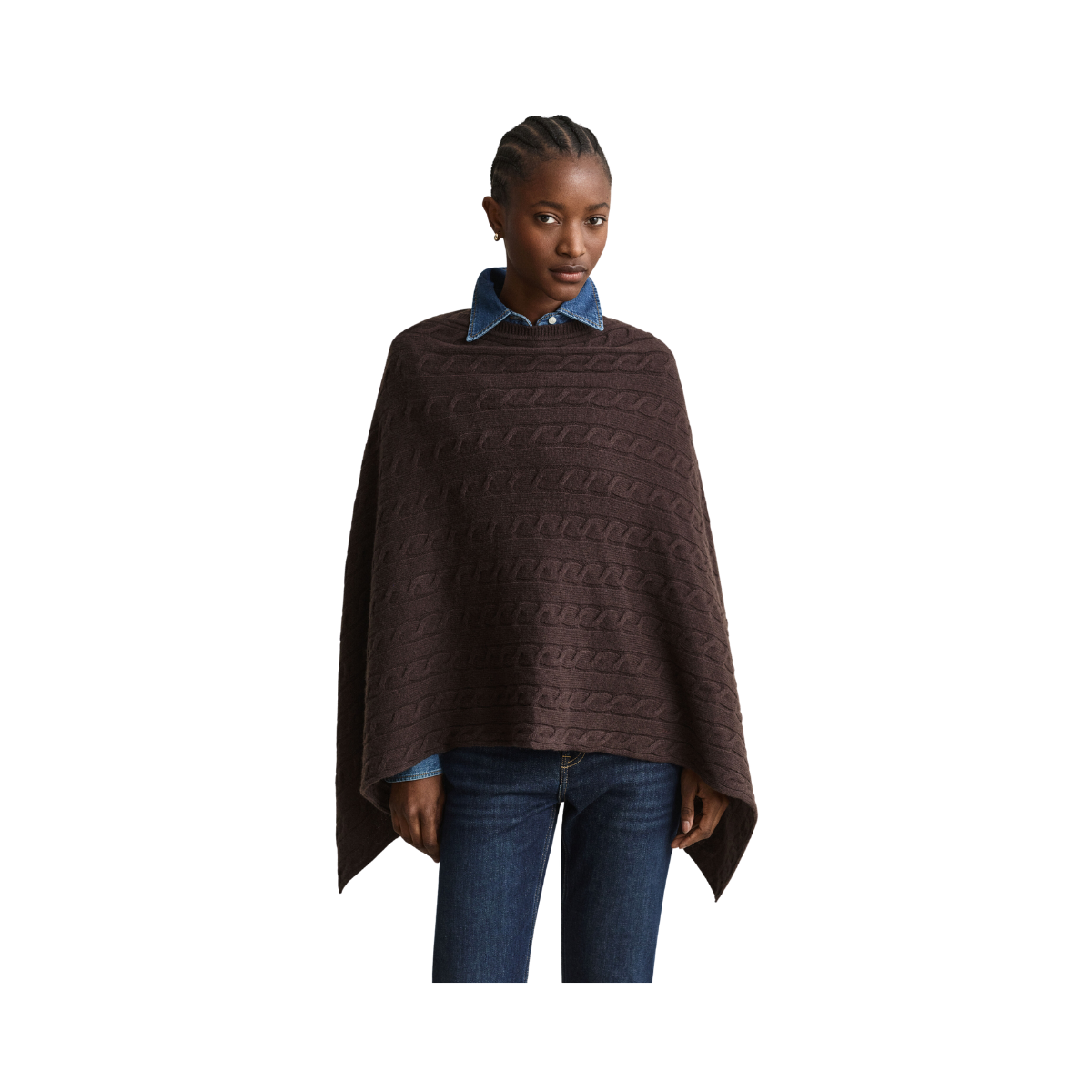 Wool Cable Poncho - Deep Brown