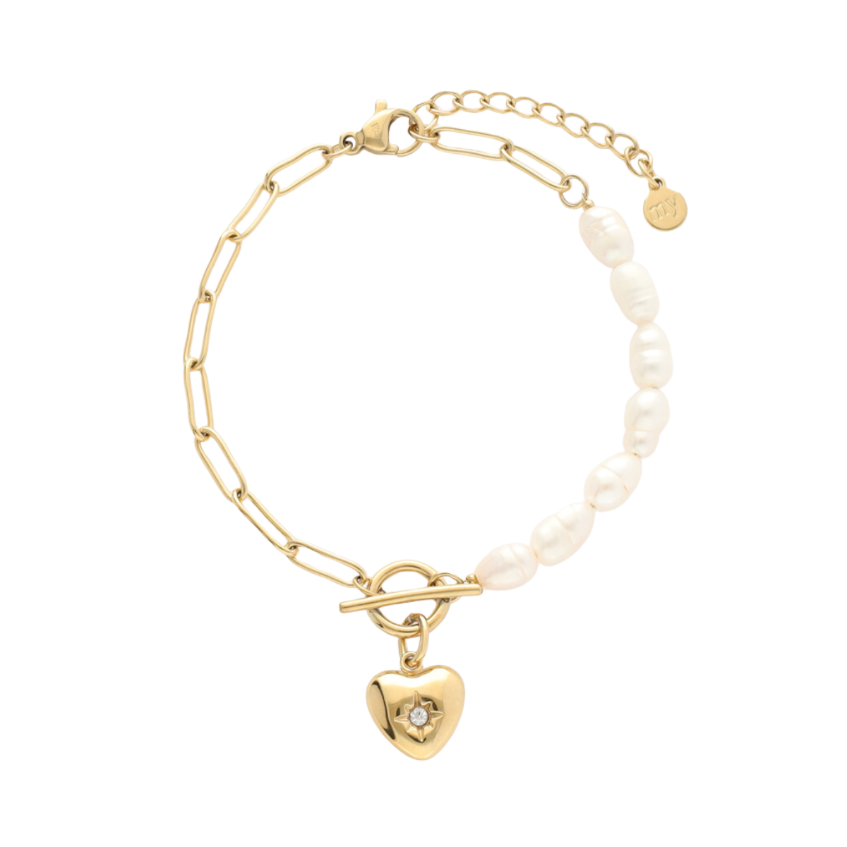 Bracelet Chain Pearls Heart Charm - Gold
