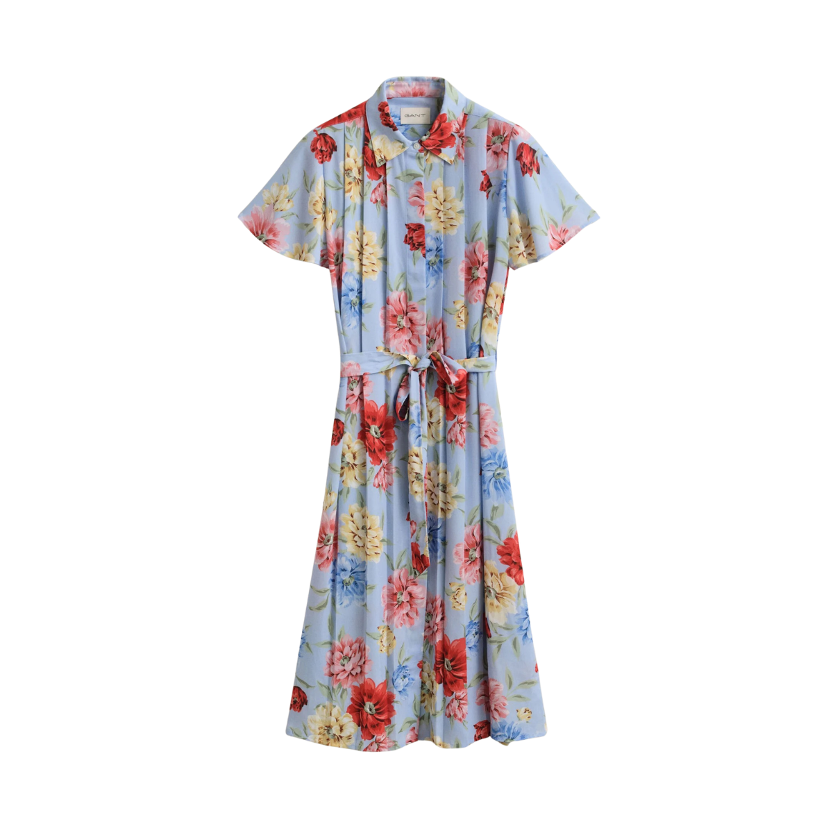 Floral Print Pleated Shirt Dress - Light Blue