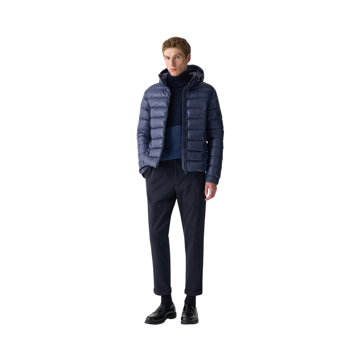 Mens Glossy Hooded  Down Jacket - Navy