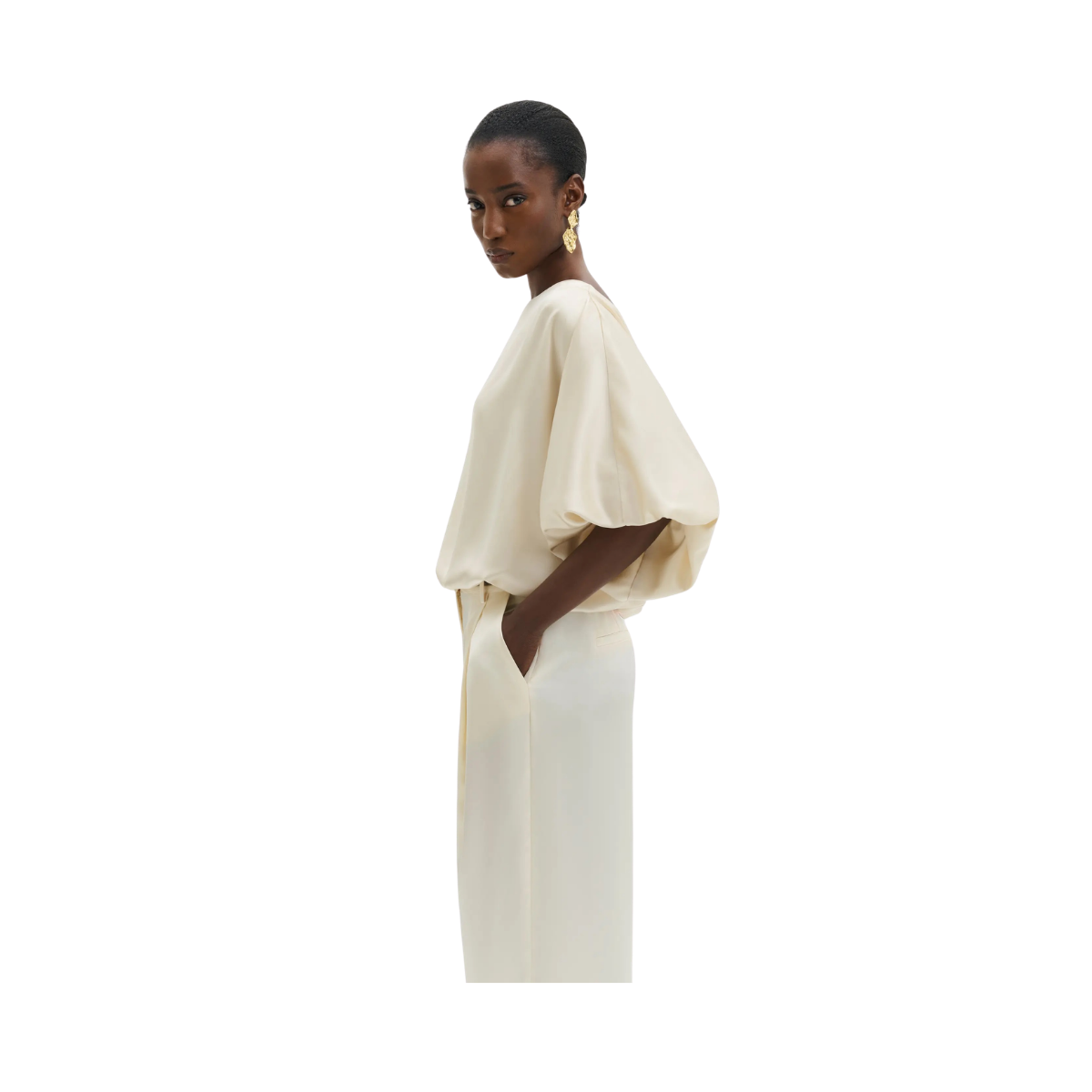 Havanna Boat-Neck Puff-Sleeve Blouse - Pearl