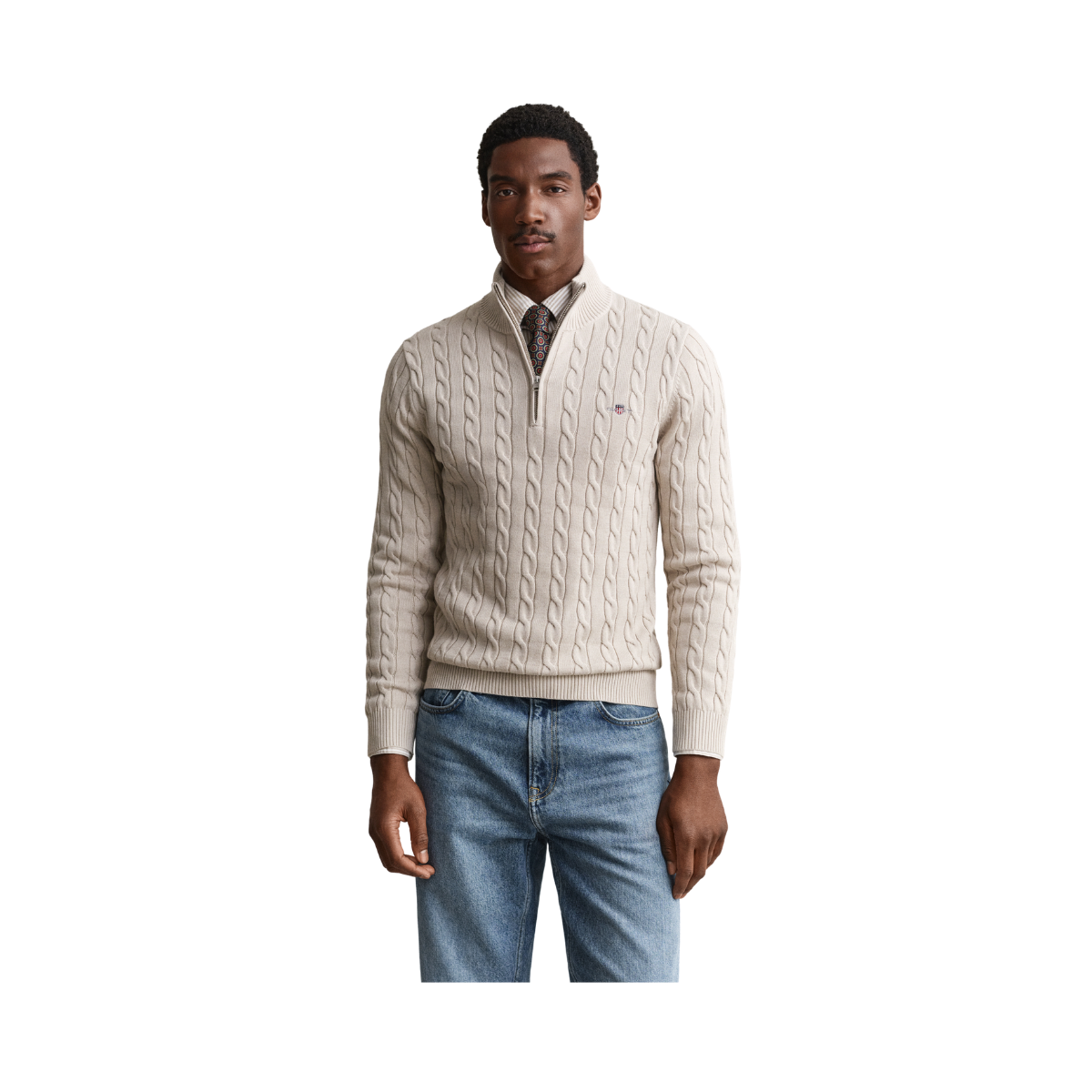 Cable Knit Half-Zip Sweater - Clay Beige
