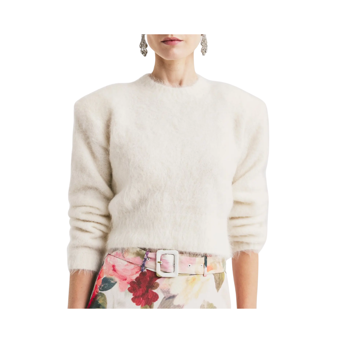 Hairy Knit Fitted Sweater - 001 Off White