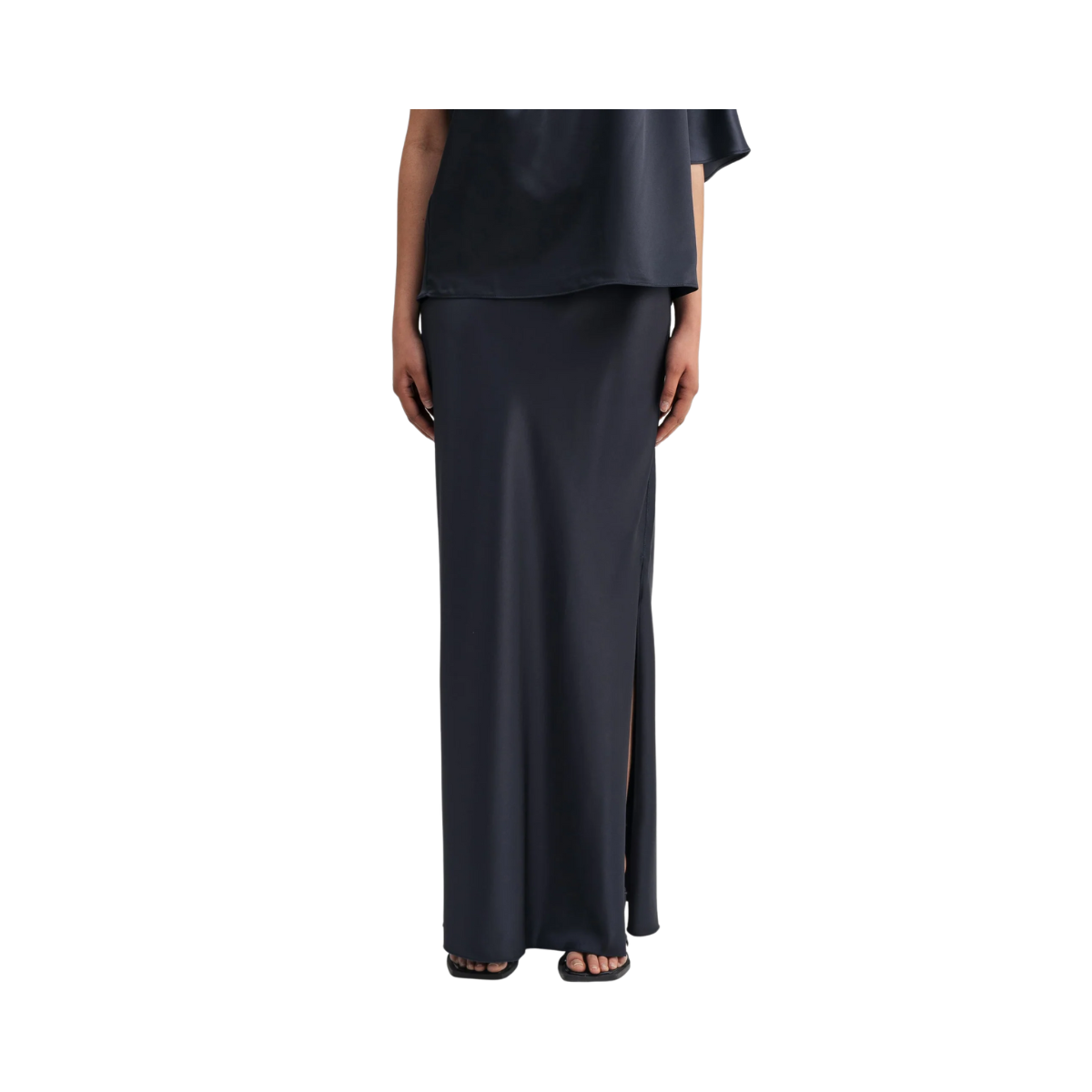 Hana Long Logo Satin Skirt - Blue grey
