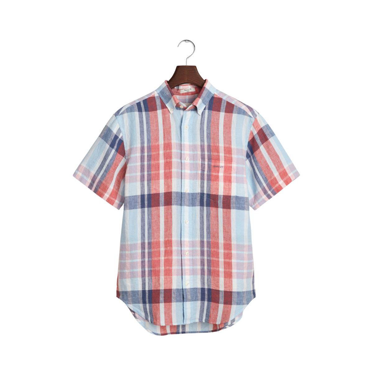 Reg Linen Madras Ss Shirt - Brick Red