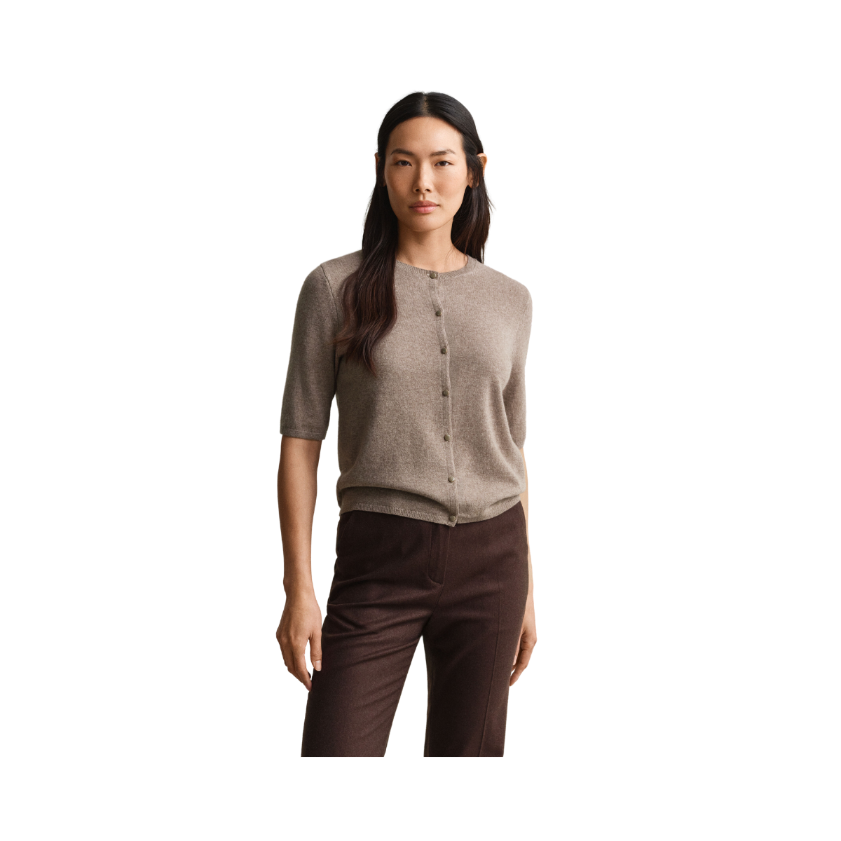 Cashmere Blend C-Neck Cardigan SS - Dk. Sand Melange