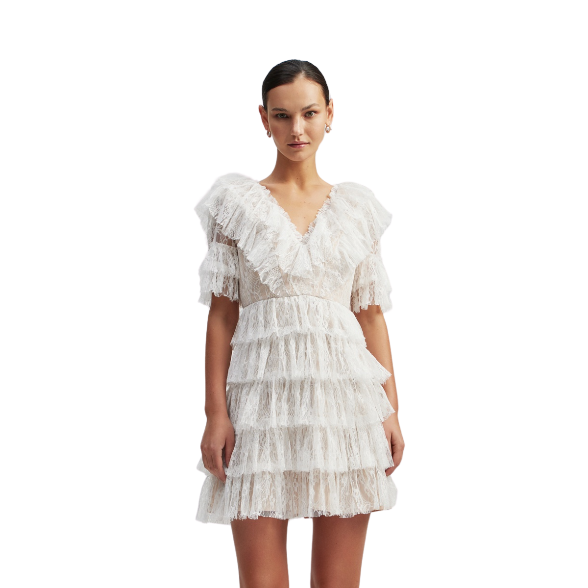 Sky v-neck frill mini lace dress - White
