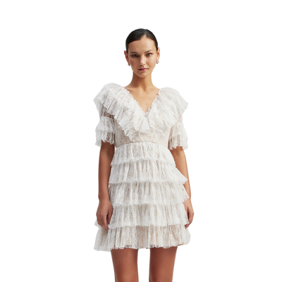 Sky v-neck frill mini lace dress - White