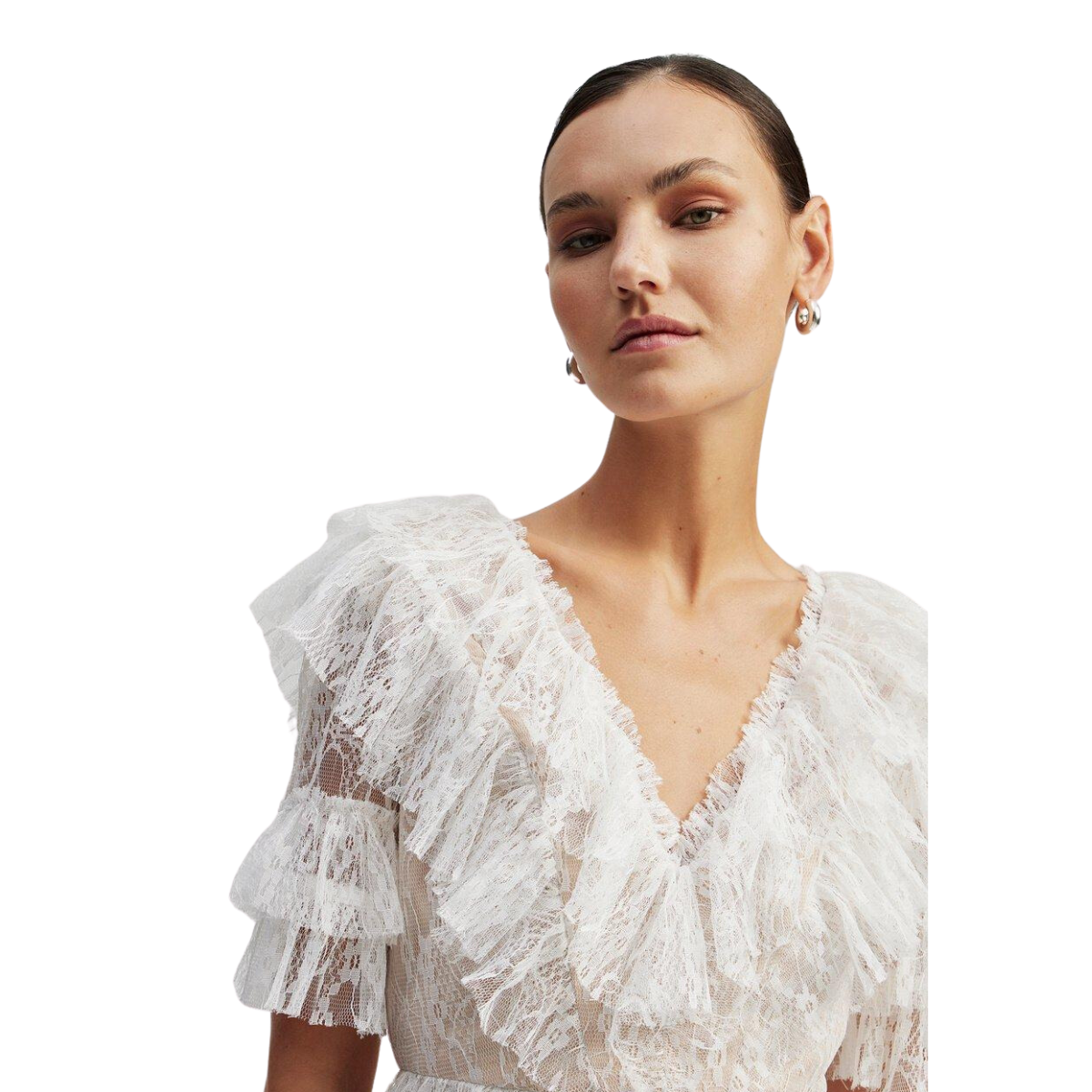 Sky v-neck frill mini lace dress - White
