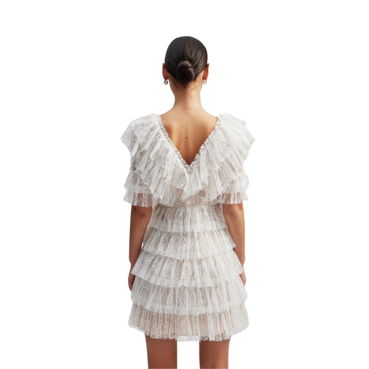 Sky v-neck frill mini lace dress - White