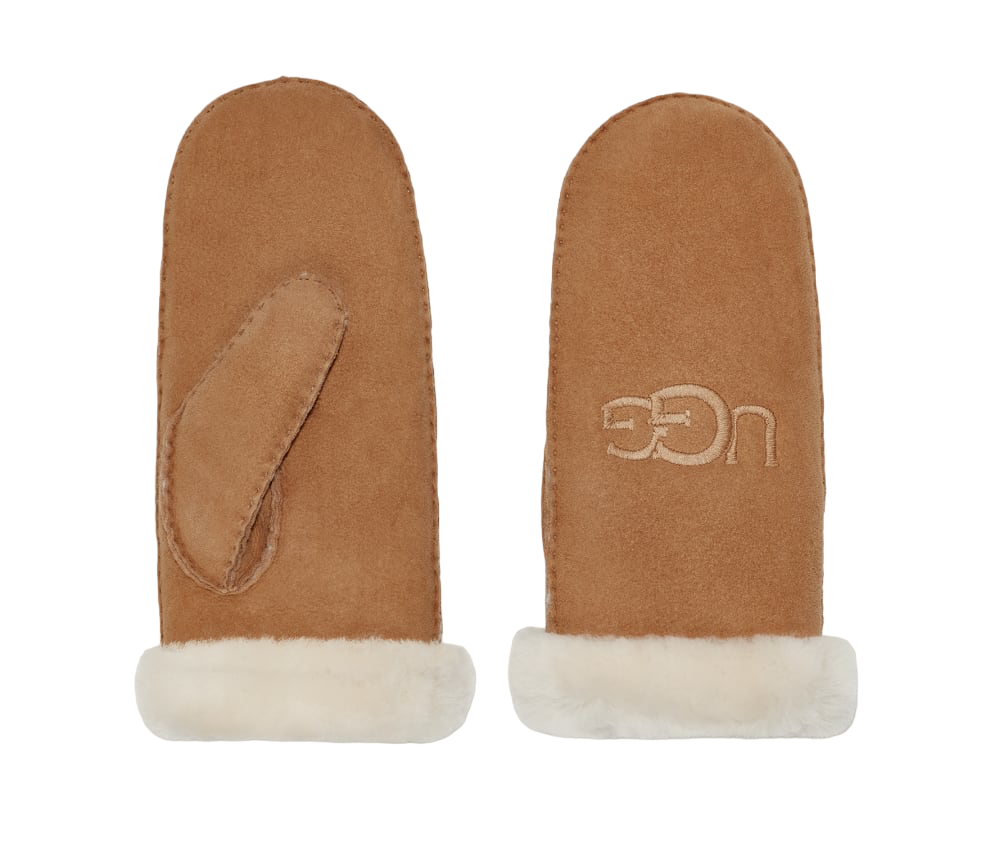 Sheepskin Embroider Mitten - Brown