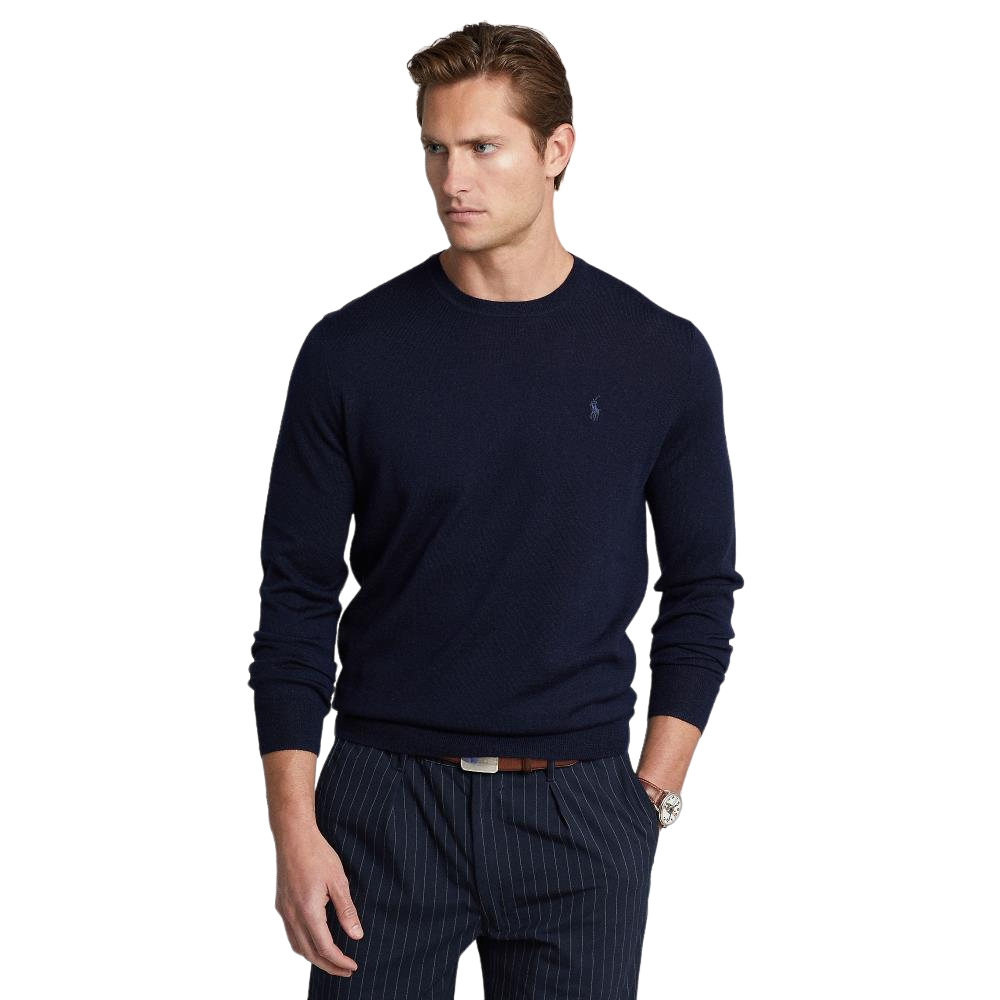 Slim Fit Crew Neck Wool Sweater - Navy