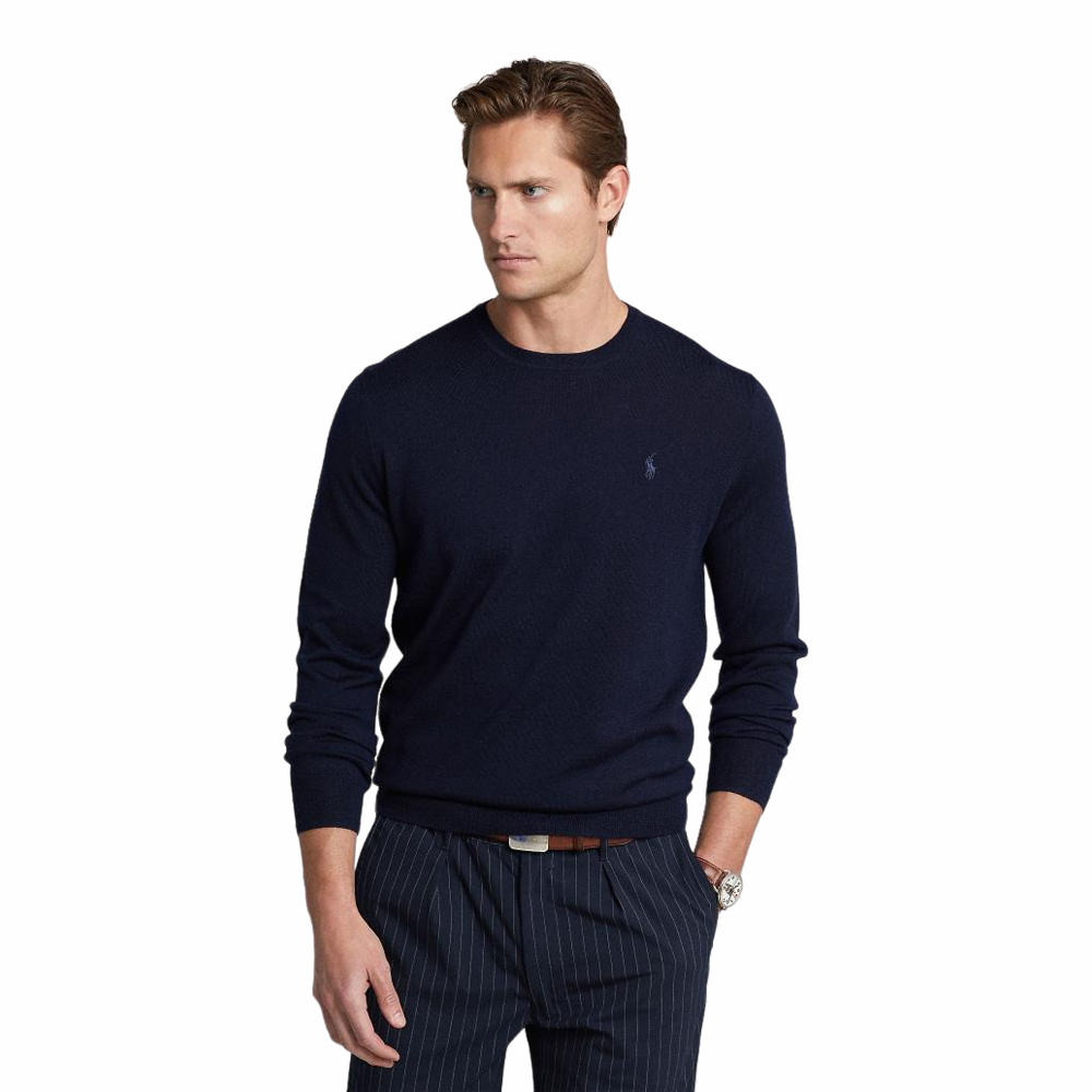 Slim Fit Crew Neck Wool Sweater - Navy