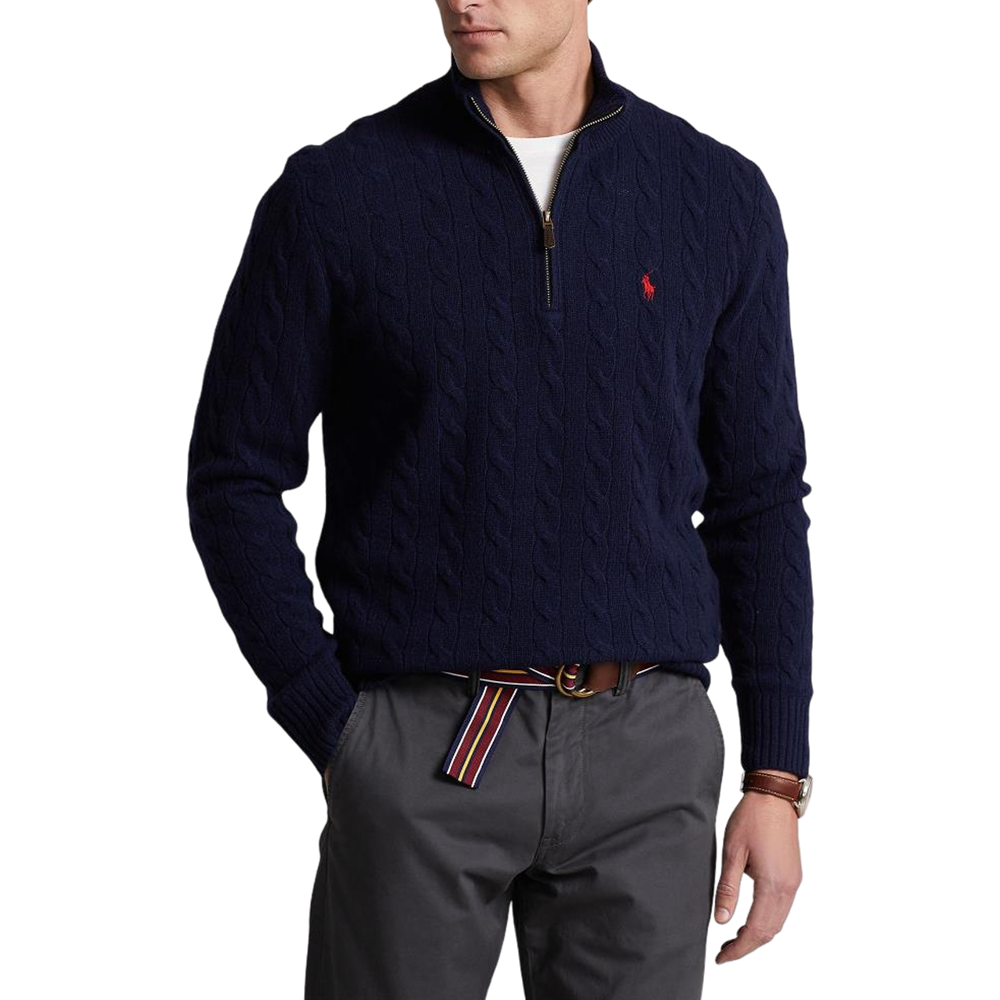 Cable-Knit Wool-Cashmere Zip Sweater - Navy