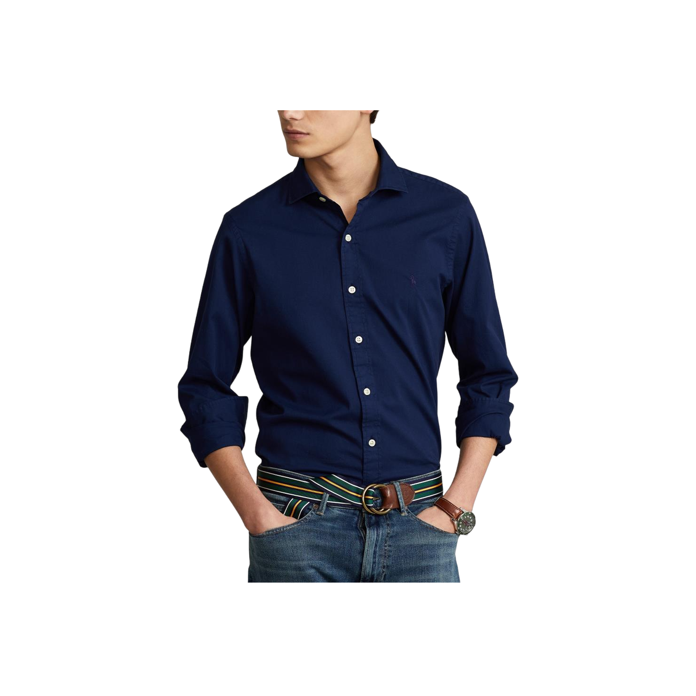 Slim Fit Garment-Dyed Twill Shirt - Navy