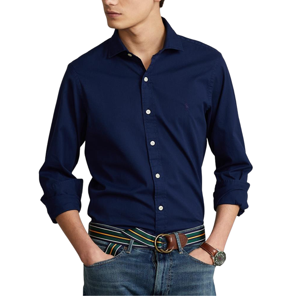 Slim Fit Garment-Dyed Twill Shirt - Navy