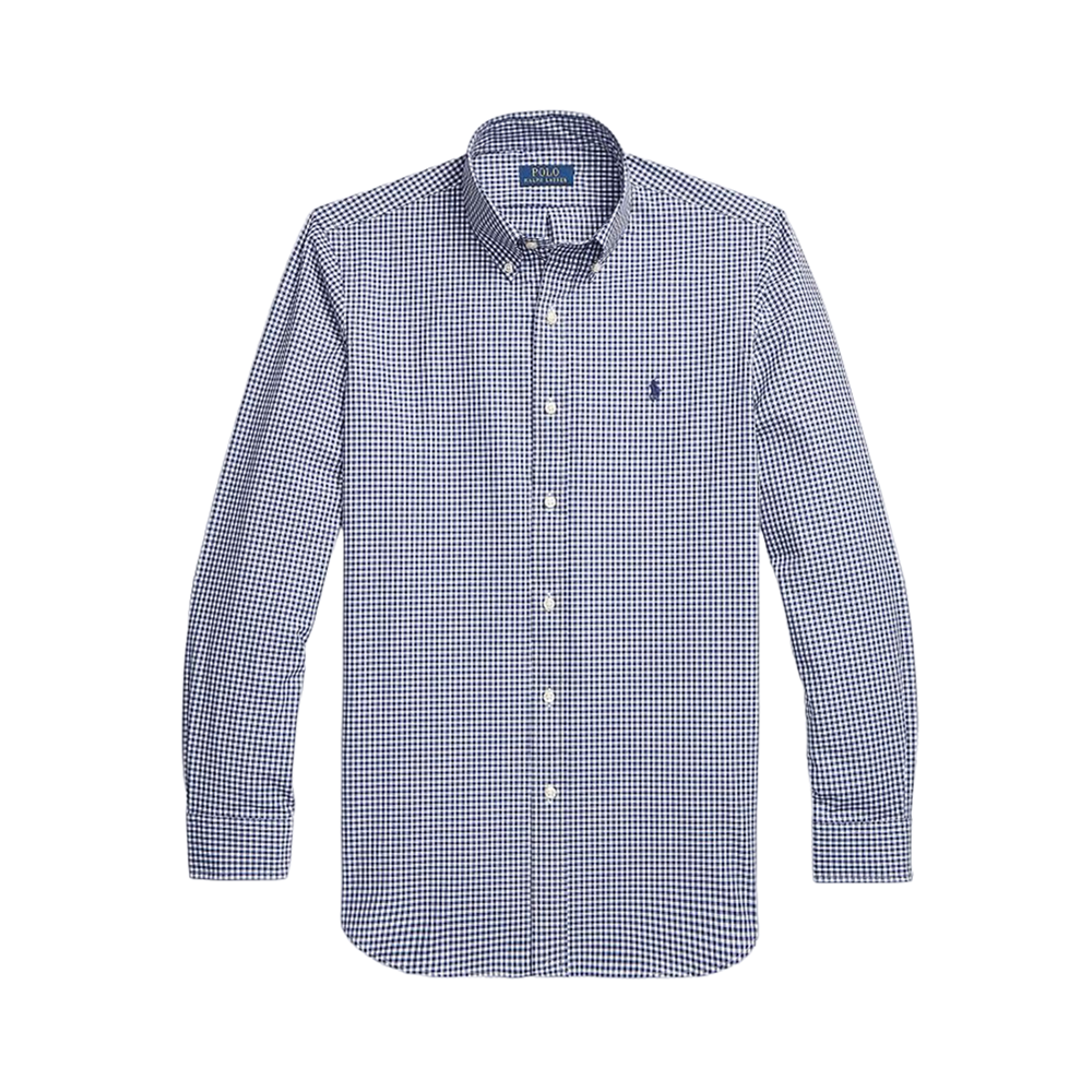 Custom Fit Gingham Stretch Poplin Shirt - Navy