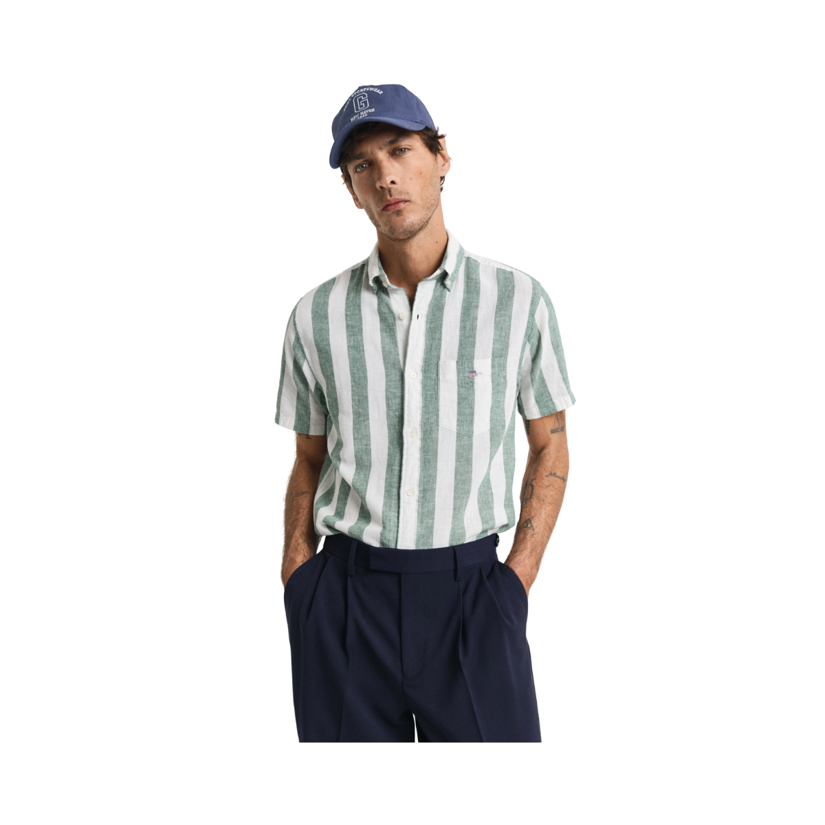 Reg Cotton Linen Stripe Ss Shirt - Woody Green