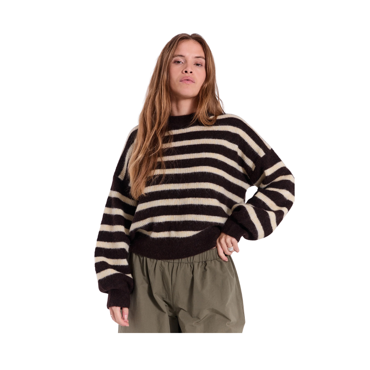 Halli Stripe O-Neck Knit Top - Brown With Yellow Stripe