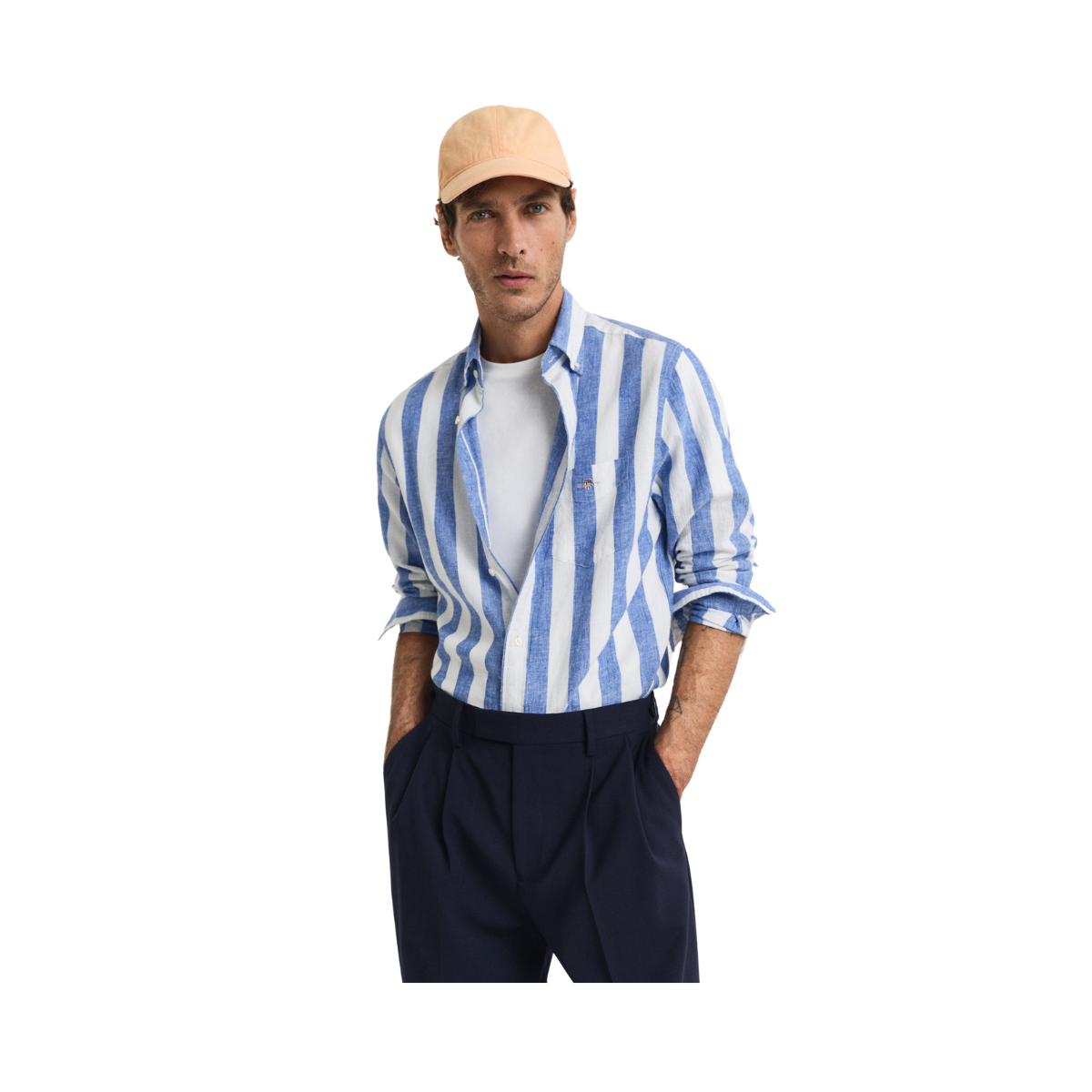 Reg Cotton Linen Bold Stripe Shirt - Rich Blue