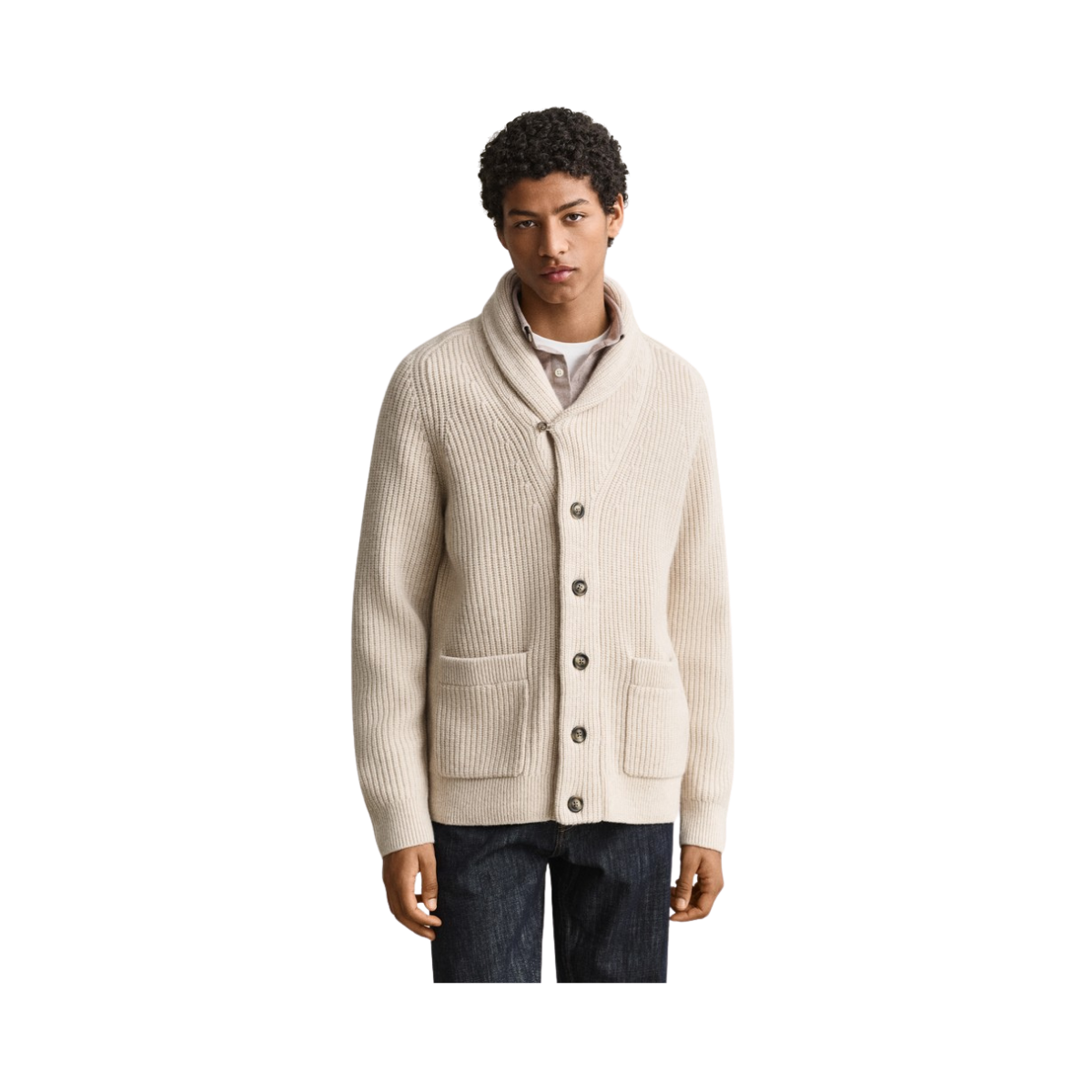 Ribbed Wool Blend Shawl Cardigan - Light Beige Melange