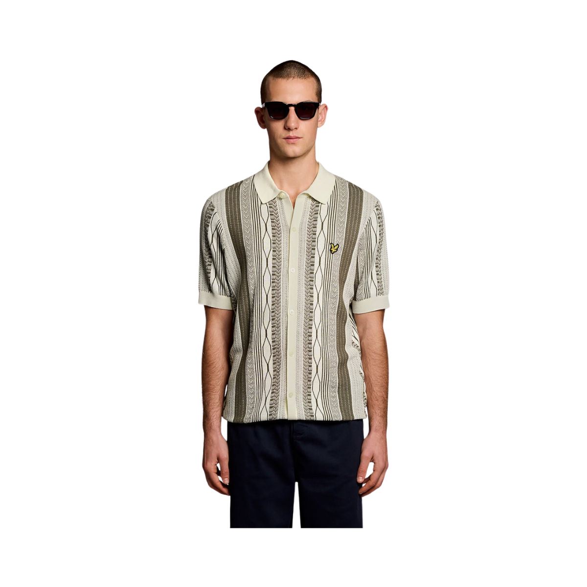 Brocade Jacquard Short Sleeve Knitted Shirt - Ice Cream / Khaki Ash
