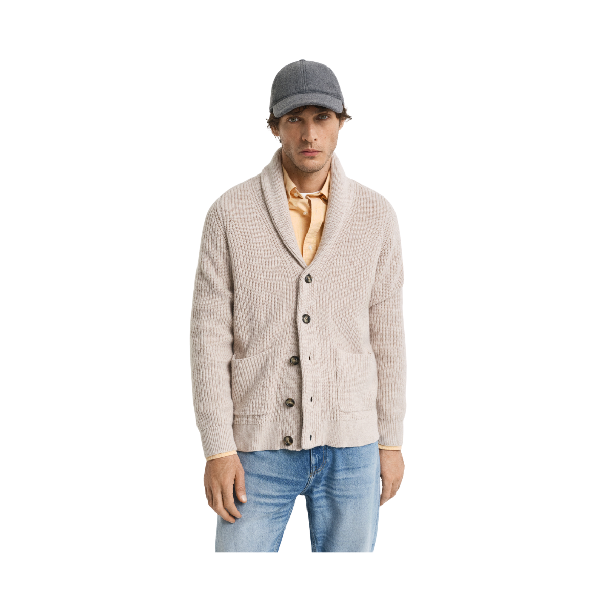 Wool Blend Shawl Collar Cardigan - Light Beige Melange
