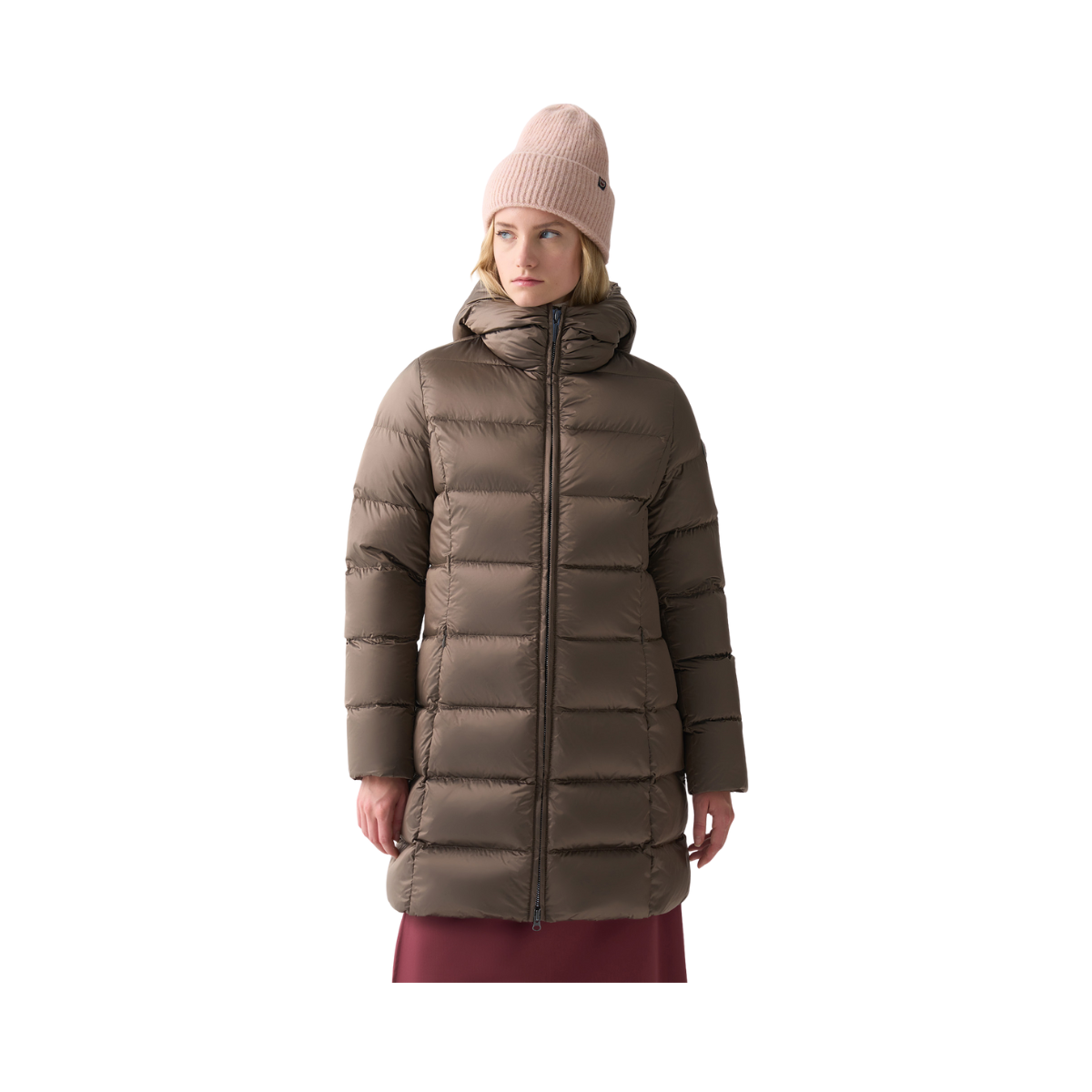 Ladies Long Down Jacket with Hood - Dark Yam