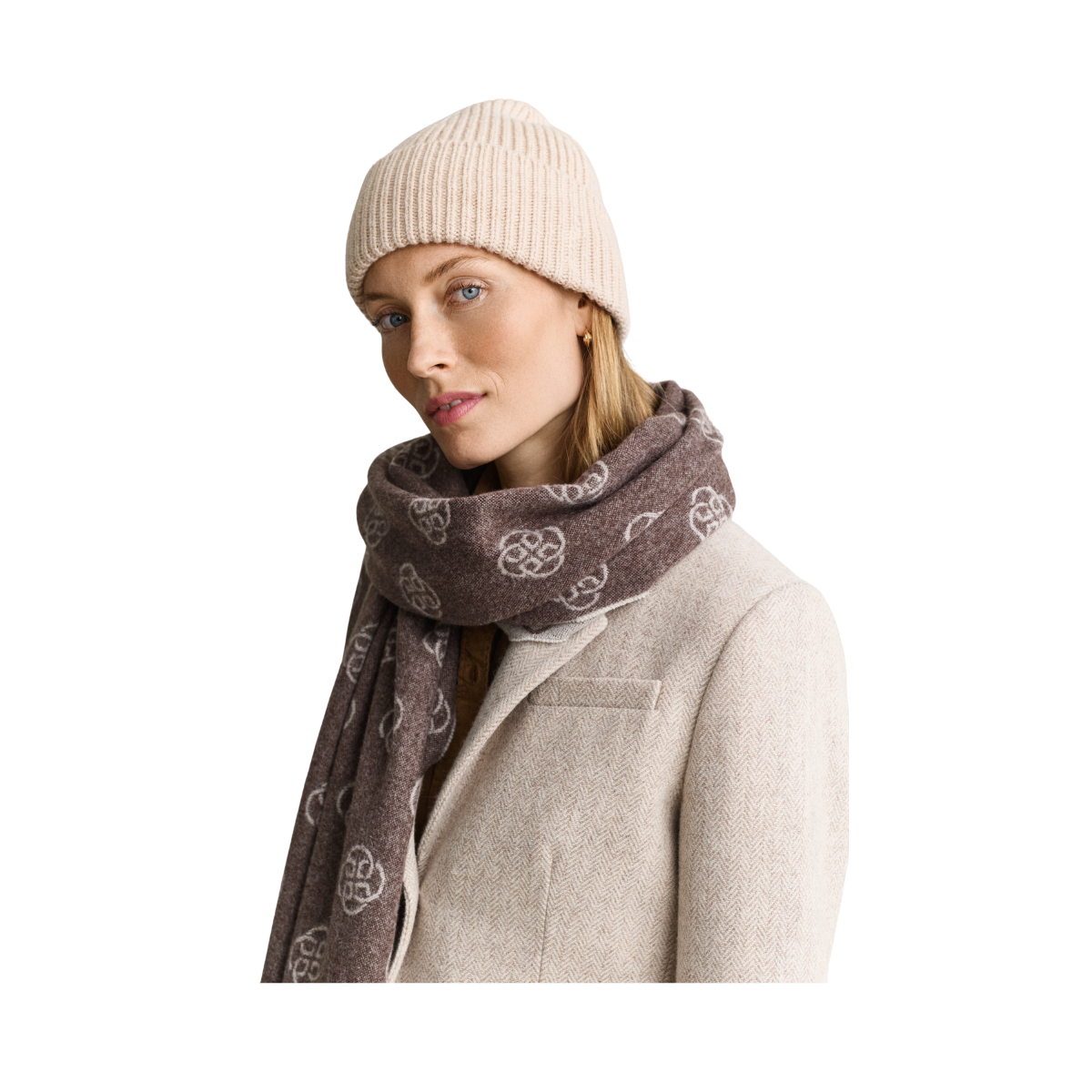 Wool Cashmere Blend Ribbed Beanie - Light Beige Melange
