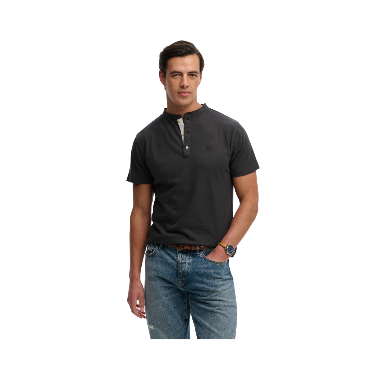 Classic Cotton Lin Ss Grandad - Dark Charcoal