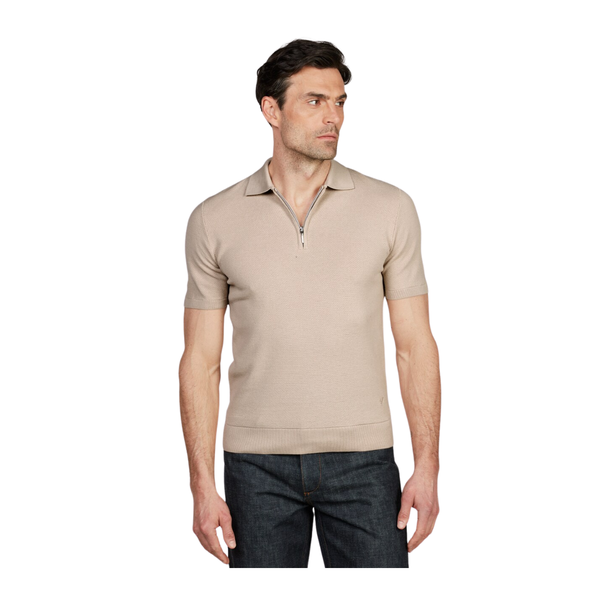 Polo Shirt Knitted Zip Texture Organic Cotton - Light beige
