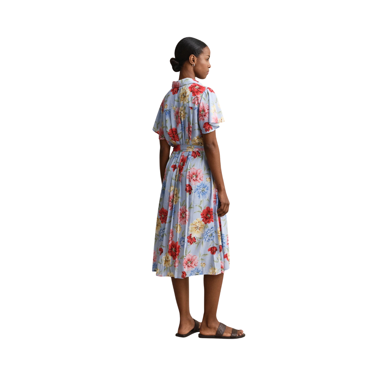 Floral Print Pleated Shirt Dress - Light Blue