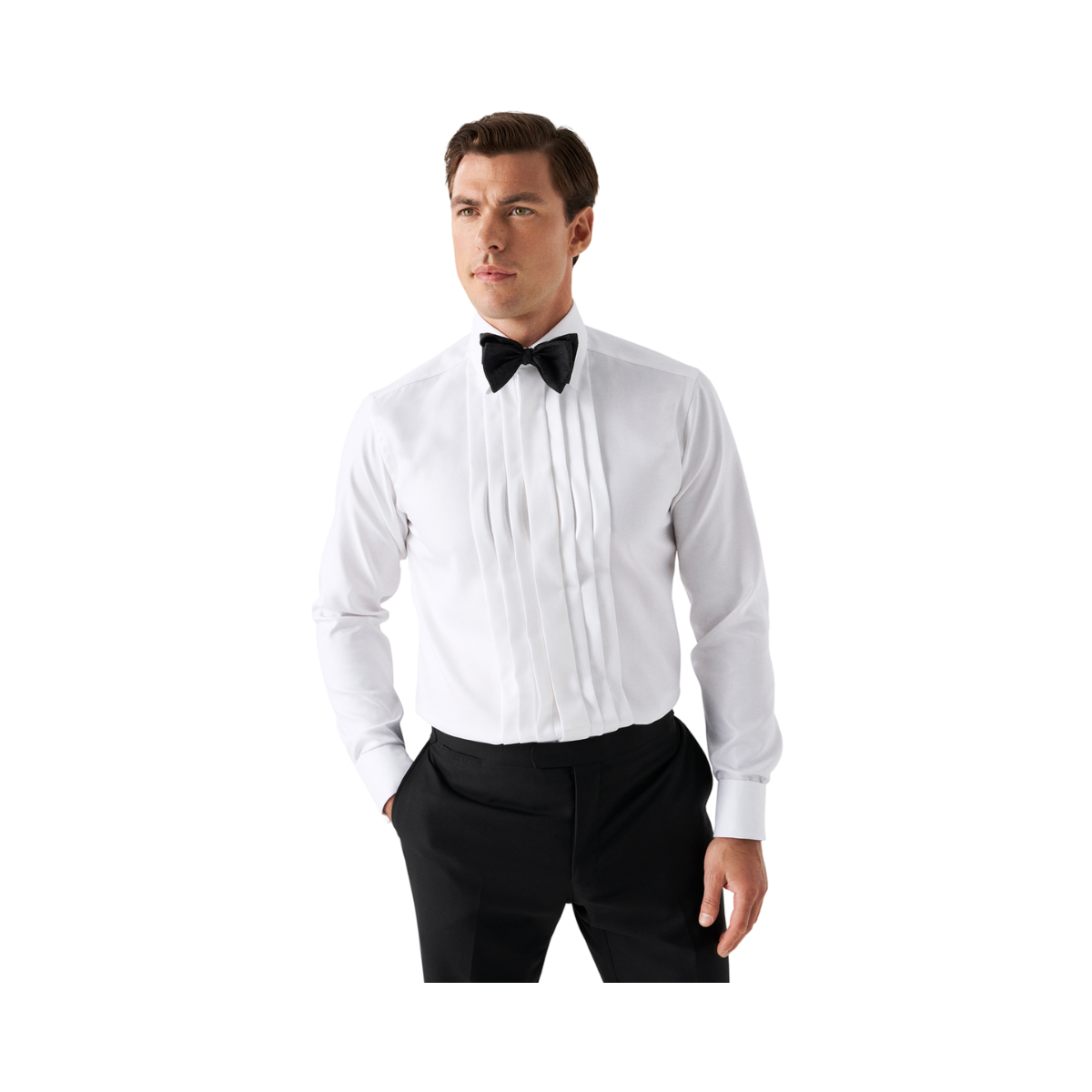 Slim Fit 3 Fold Plissé Shirt Moderate Cut Away Collar - White