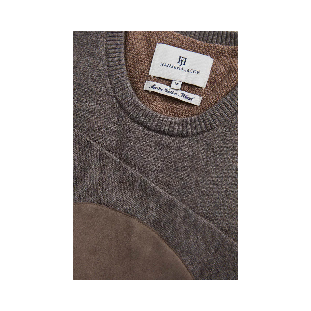 CREW NECK SWEATER, ELBOW PATCH - Brown