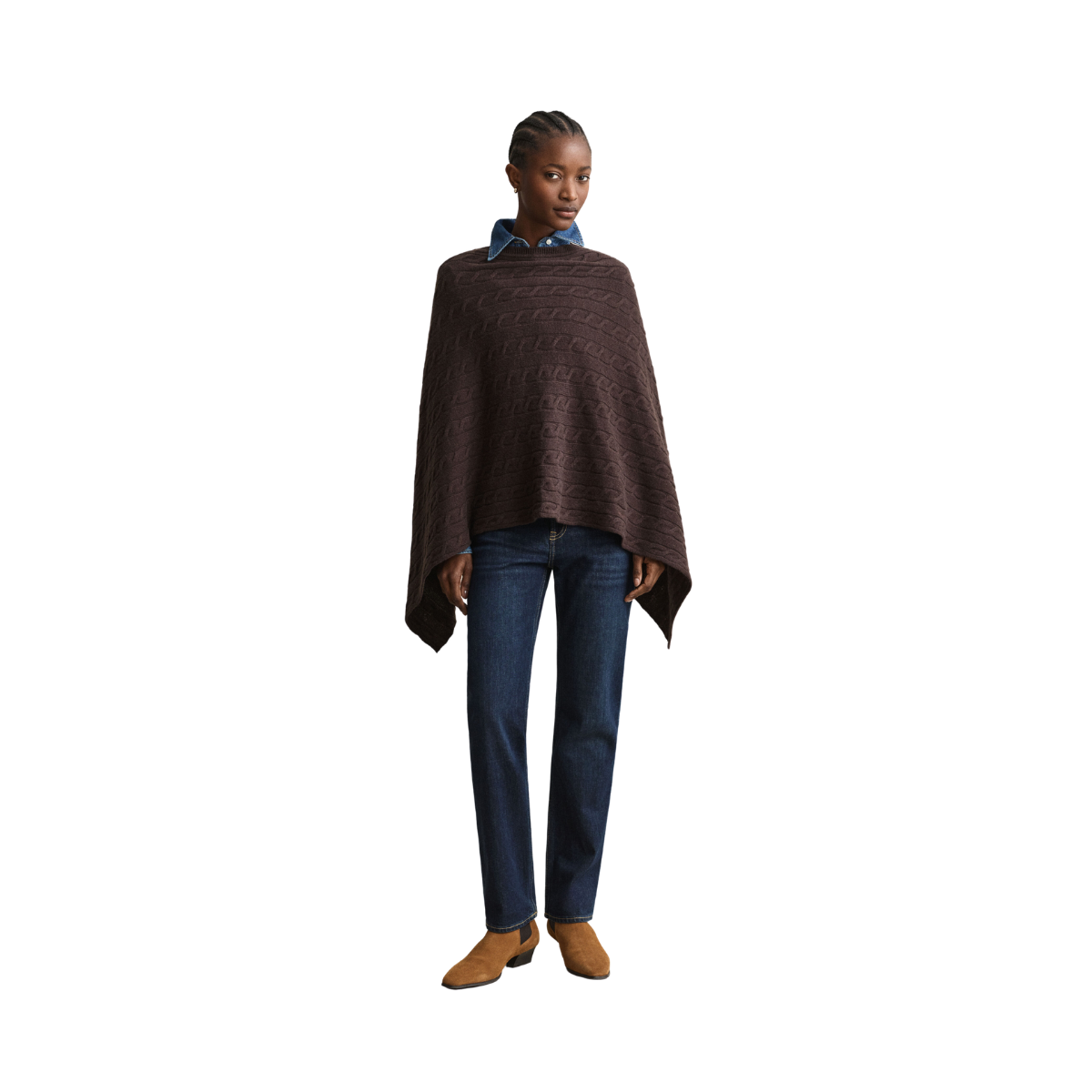 Wool Cable Poncho - Deep Brown