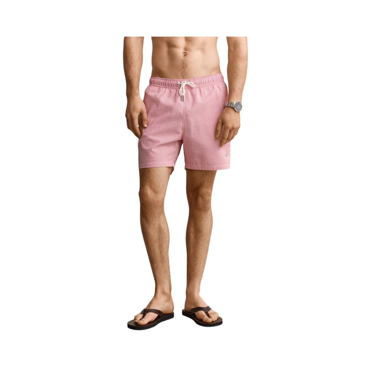 Striped Seersucker Swim Shorts - Rose Red