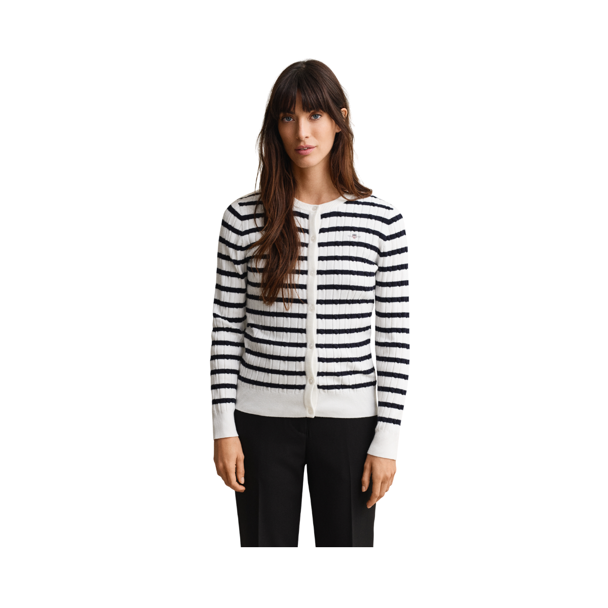 Stretch Cotton Cable Stripe Cardi - Eggshell