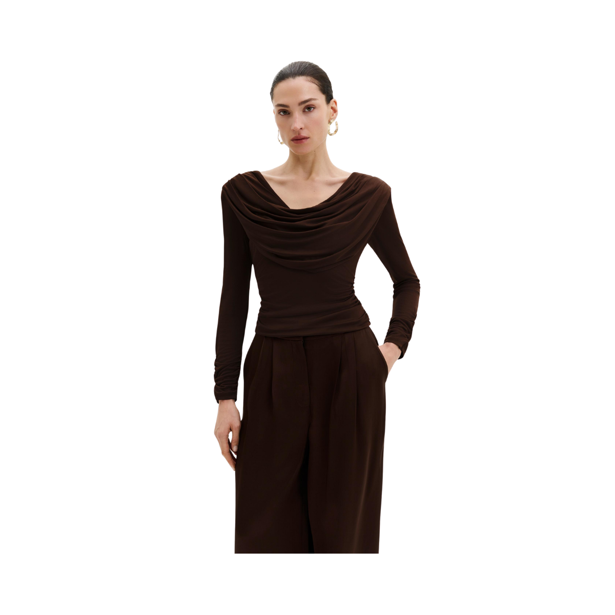 Signe Cowl Neck Jersey Top - Dark Brown