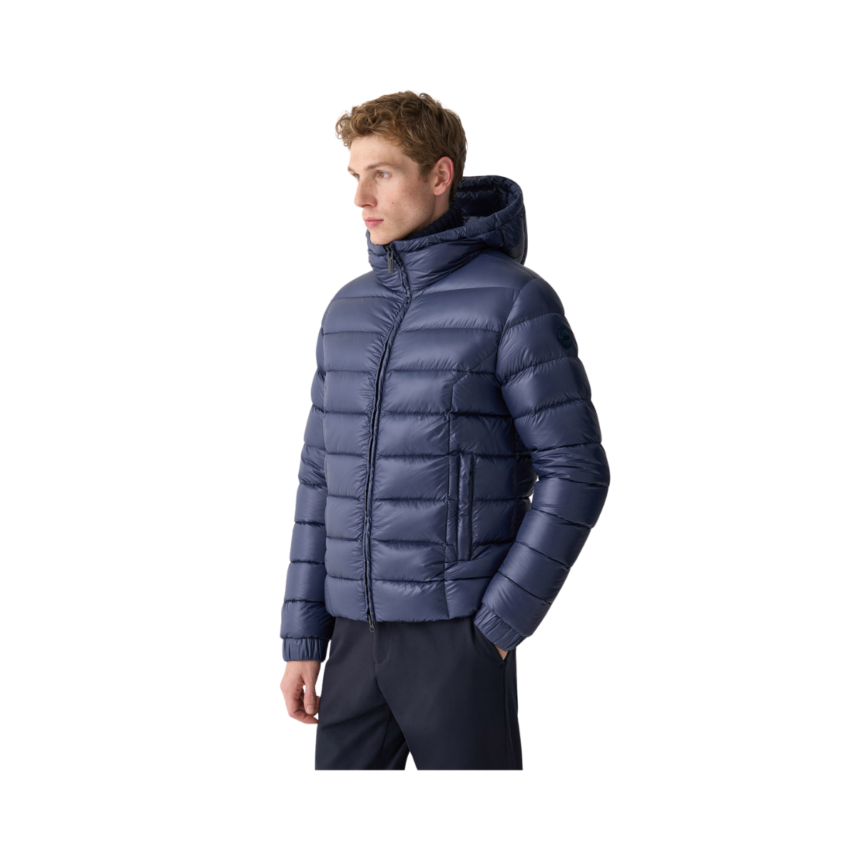 Mens Glossy Hooded  Down Jacket - Navy