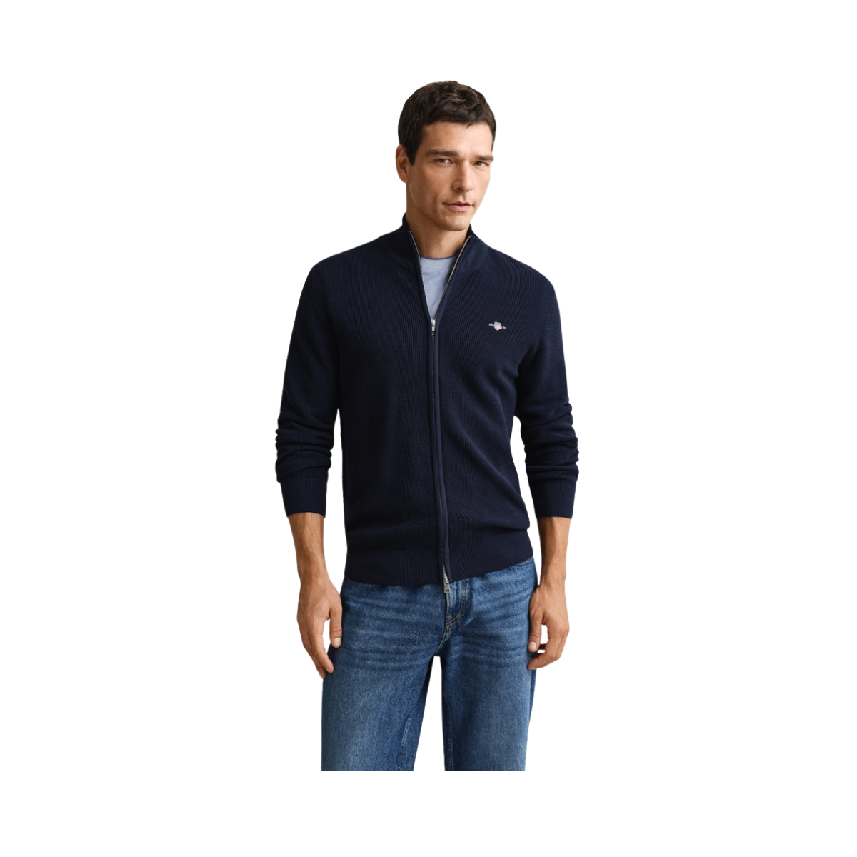 Micro Textured Cotton Zip Cardigan - Evening Blue
