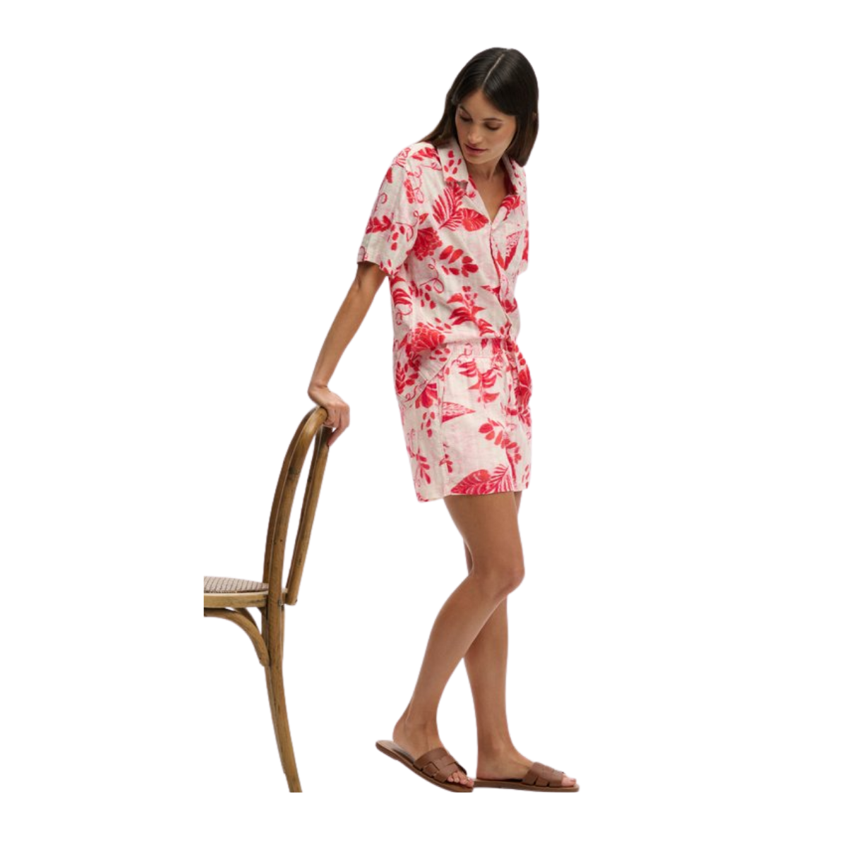 Cotton Printed Beach Short - Ikat Floral Red