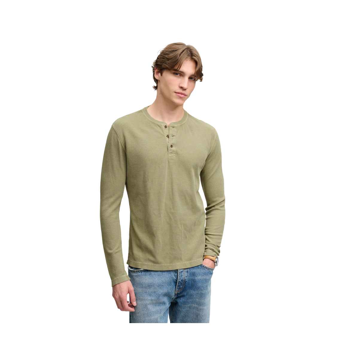 Waffle Long Sleeve Henley Top - Light Khaki Green