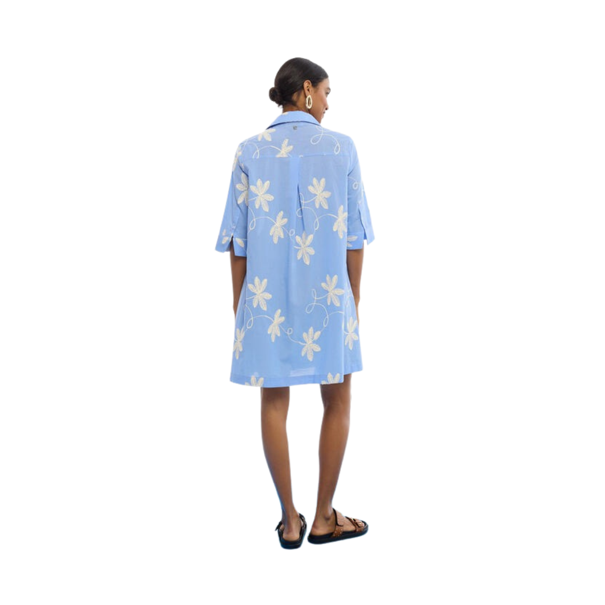 Shirt Dress with Embroidered Flowers - Blue-Ecru