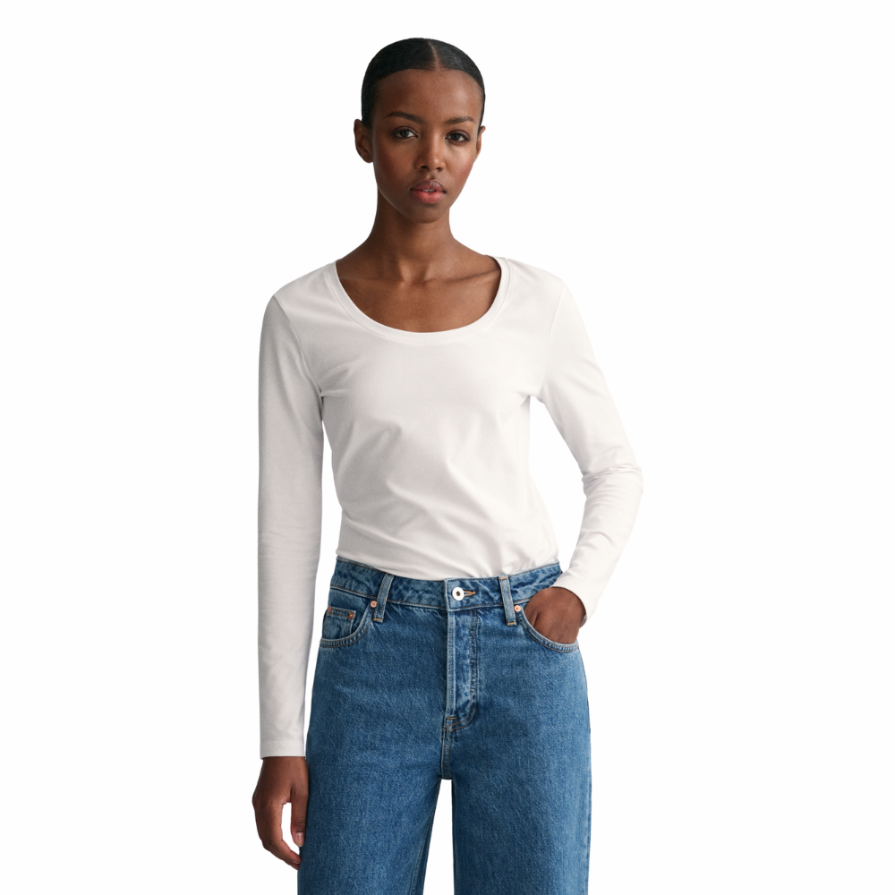 Scoop Neck Long Sleeve Top - White