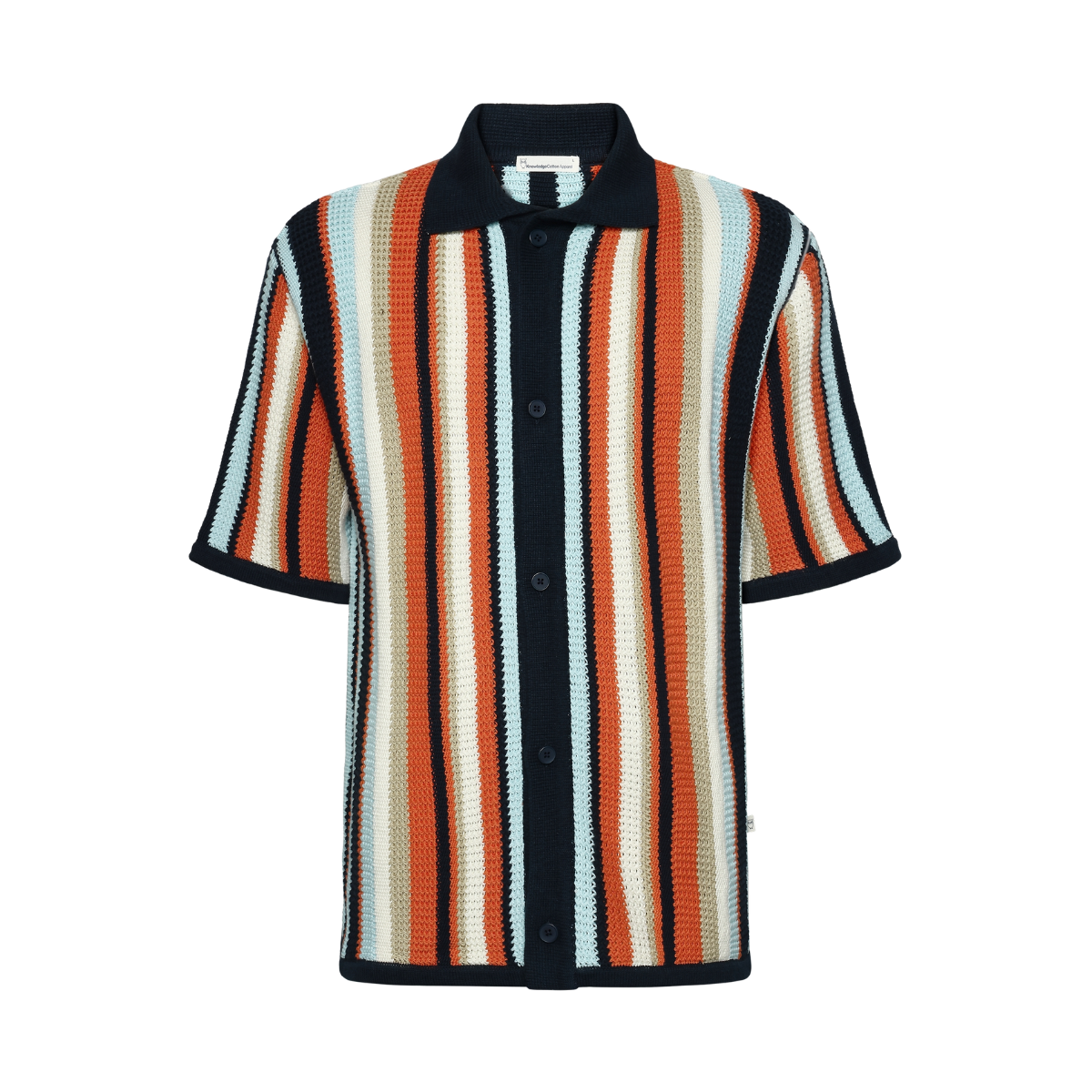Loose Short Sleeve Striped Knitted Shirt - Navy