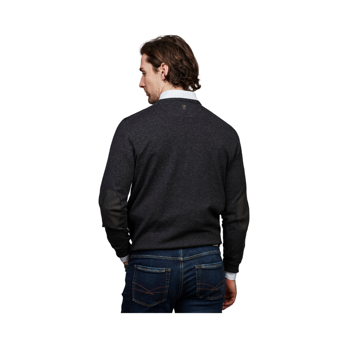 CREW NECK SWEATER, ELBOW PATCH - Grey