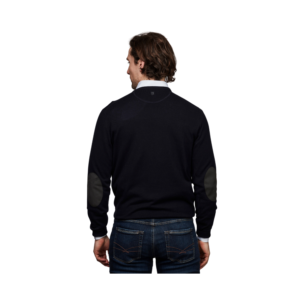 CREW NECK SWEATER, ELBOW PATCH - Navy